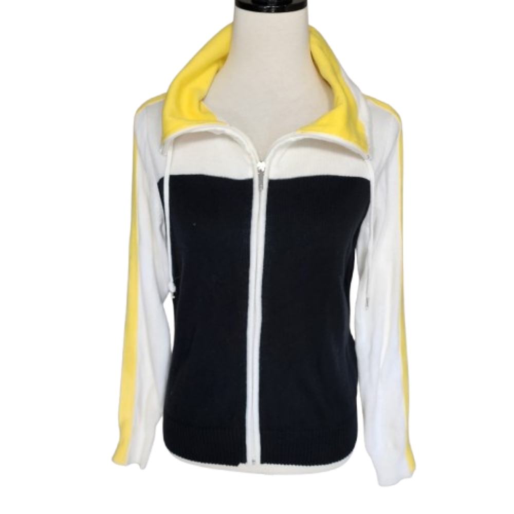 Chaps zip front cardigan sweater black white and yellow women's size small